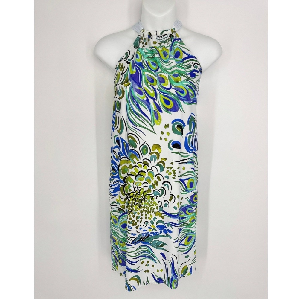 Tara Grinna Halter Dress Large White Blue Green Peacock Feather Print Resortwear